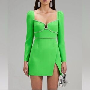 Self-Portrait Green Long-Sleeve Mini Dress with Crystal Trim
